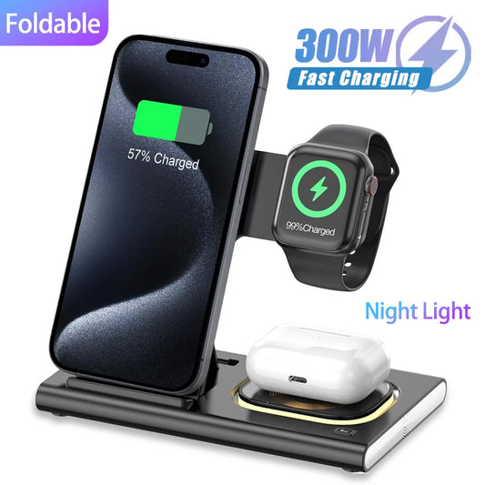 300W Foldable 3 in 1 Wireless Charger Stand Pad Desktop Fast Charging Station for Iphone 16 15 14 13 Samsung Apple Watch Airpods